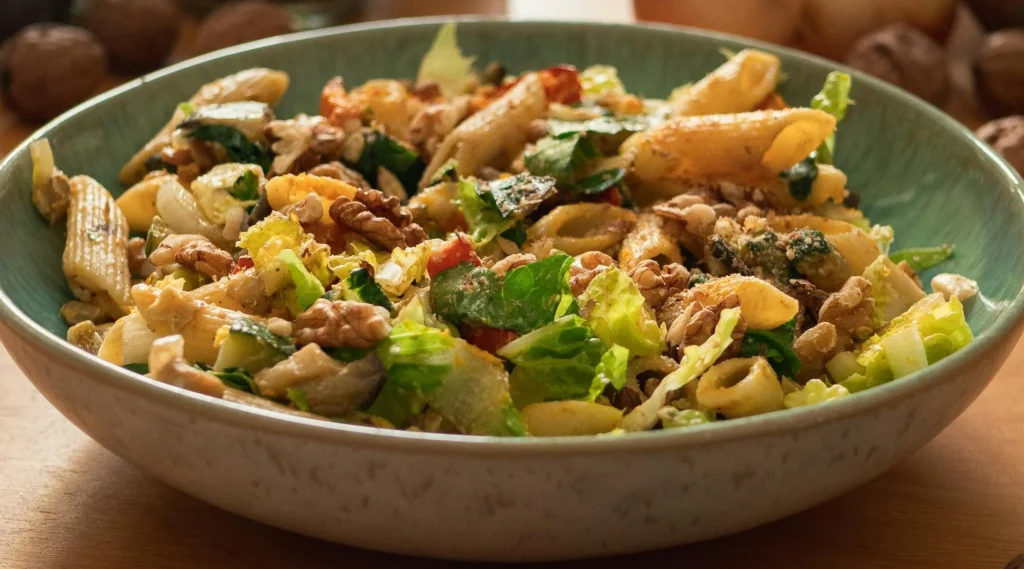 A close-up shot of Chicken Pasta Primavera sprinkled with freshly grated Parmesan cheese