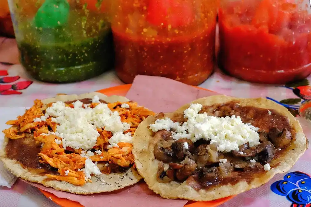 Close-up image of Tinga De Pollo simmering in a skillet with onions, garlic, and chipotle peppers