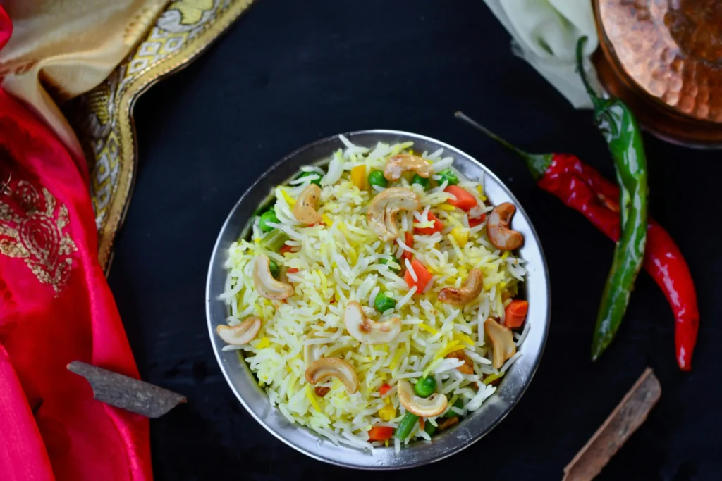 Chilies and a Bowl of vegetable pulao