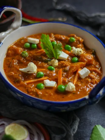 Mattar Paneer Served on Blue Ceramic Bowl