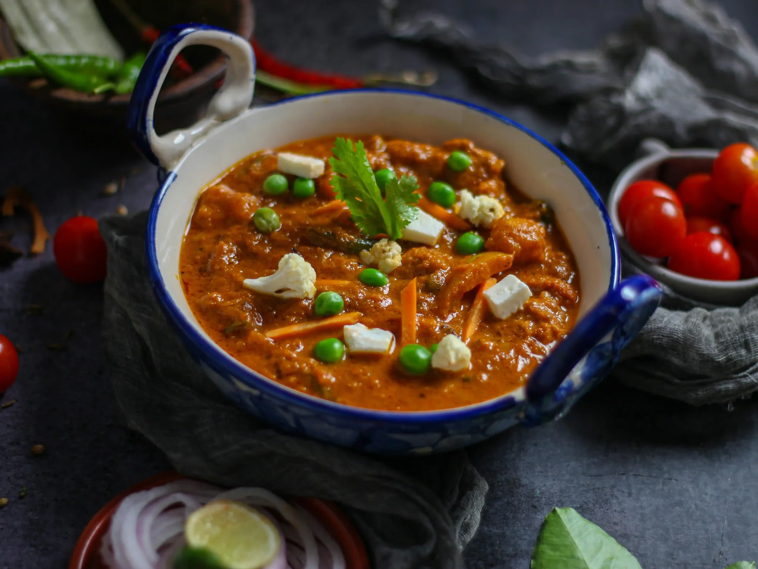 Mattar Paneer Served on Blue Ceramic Bowl