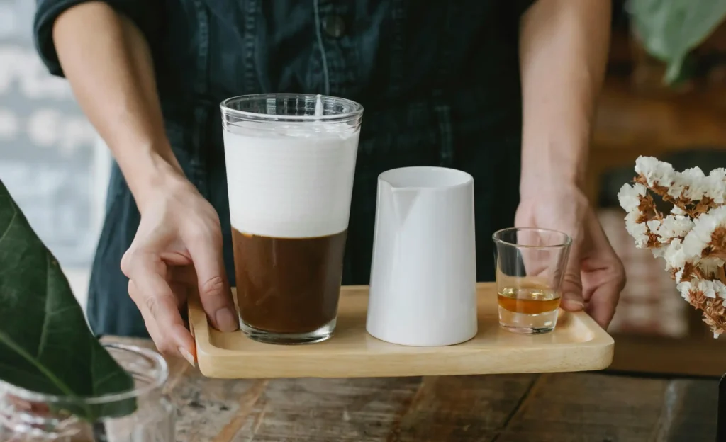 Crop faceless woman serving Cold Brew Coffee with cognac