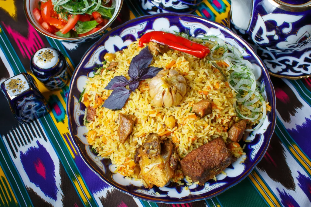 Chicken Fried Rice on Blue and White Ceramic Plate