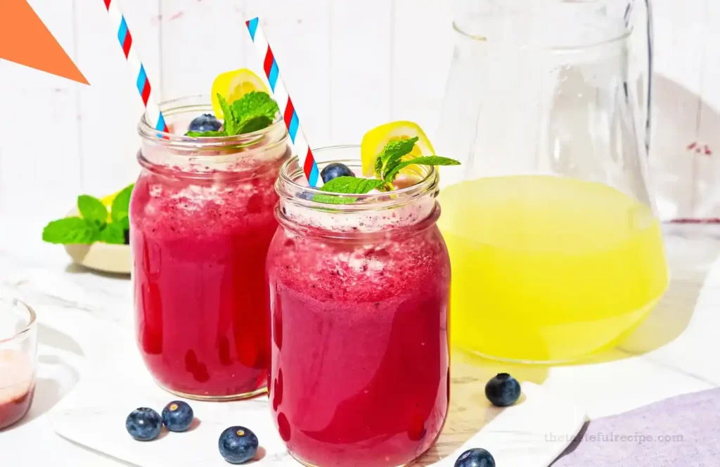 Outdoor table set with blueberry lemonade and summer snacks