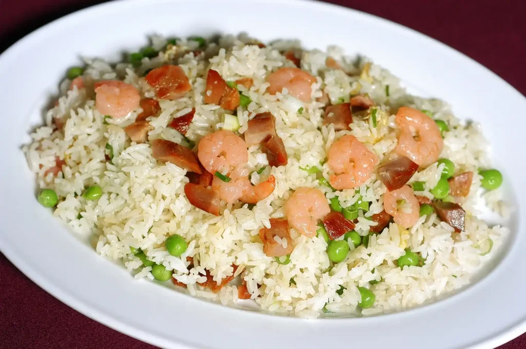 A bowl of day-old white rice, perfect for making Shrimp Fried Rice