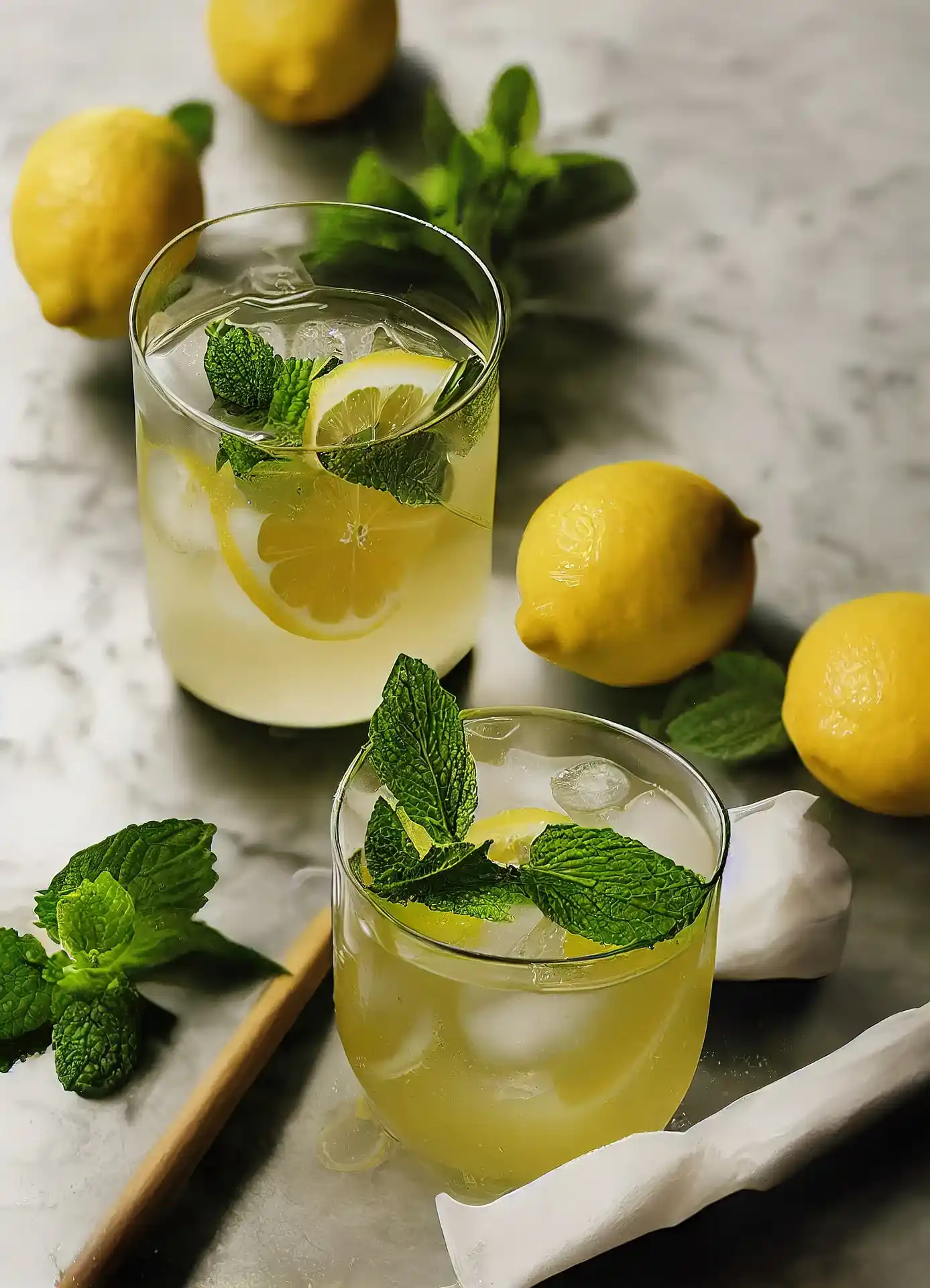 Glass of refreshing Mint Lemonade with lemon slices and mint sprigs