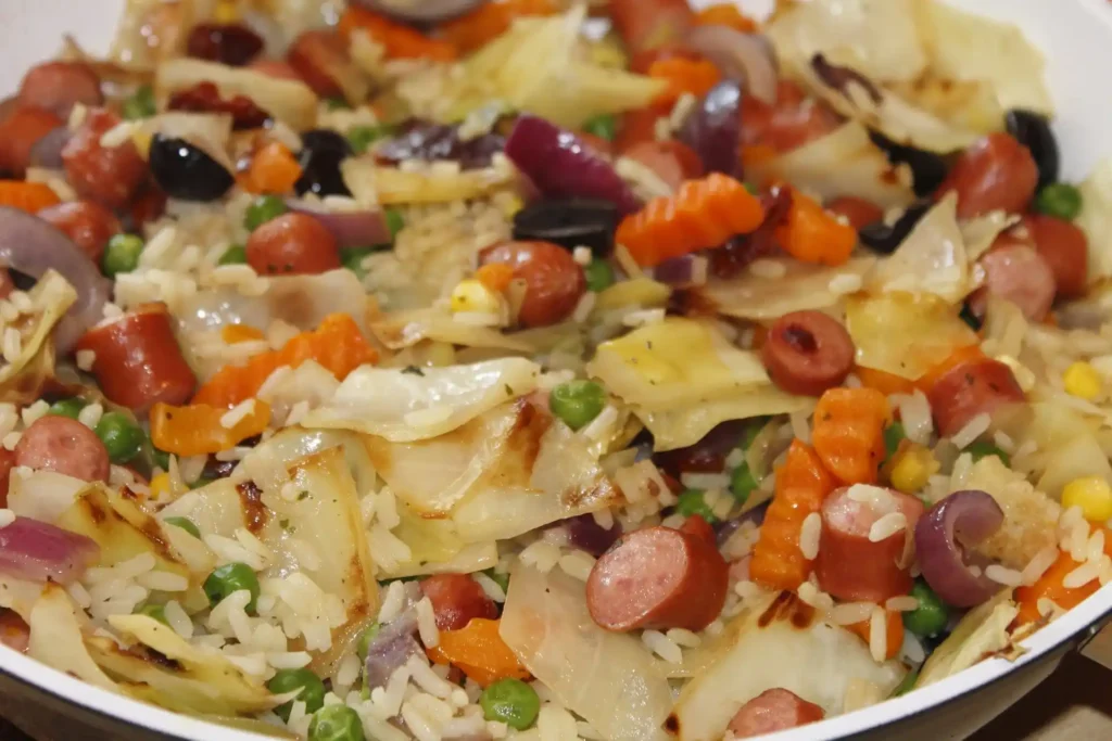 A plate of Chinese cabbage stir fry served with steamed rice