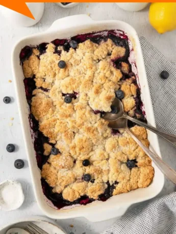 Rustic presentation of Blueberry Cobbler in a cast-iron skillet with fresh blueberries on the side