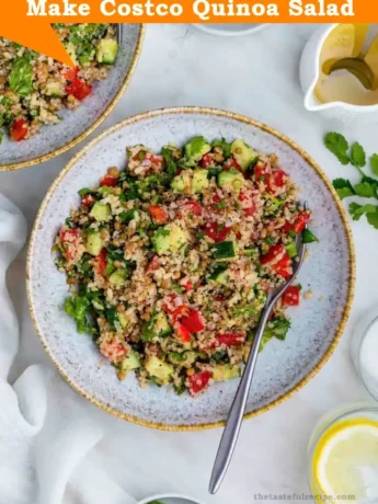 Close-up of a colorful Costco quinoa salad with cherry tomatoes, cucumbers, bell peppers, and feta cheese