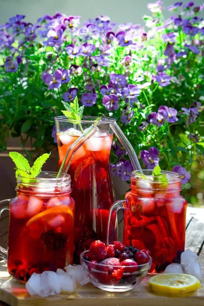 A refreshing glass of Peach Iced Tea garnished with peach slices and mint leaves