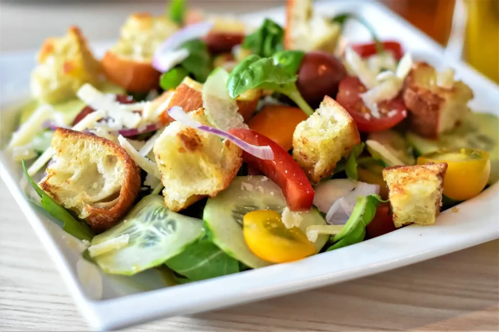 Chopped romaine lettuce topped with cherry tomatoes, avocado, blue cheese, bacon, chicken, and hard-boiled eggs in a Cobb Salad