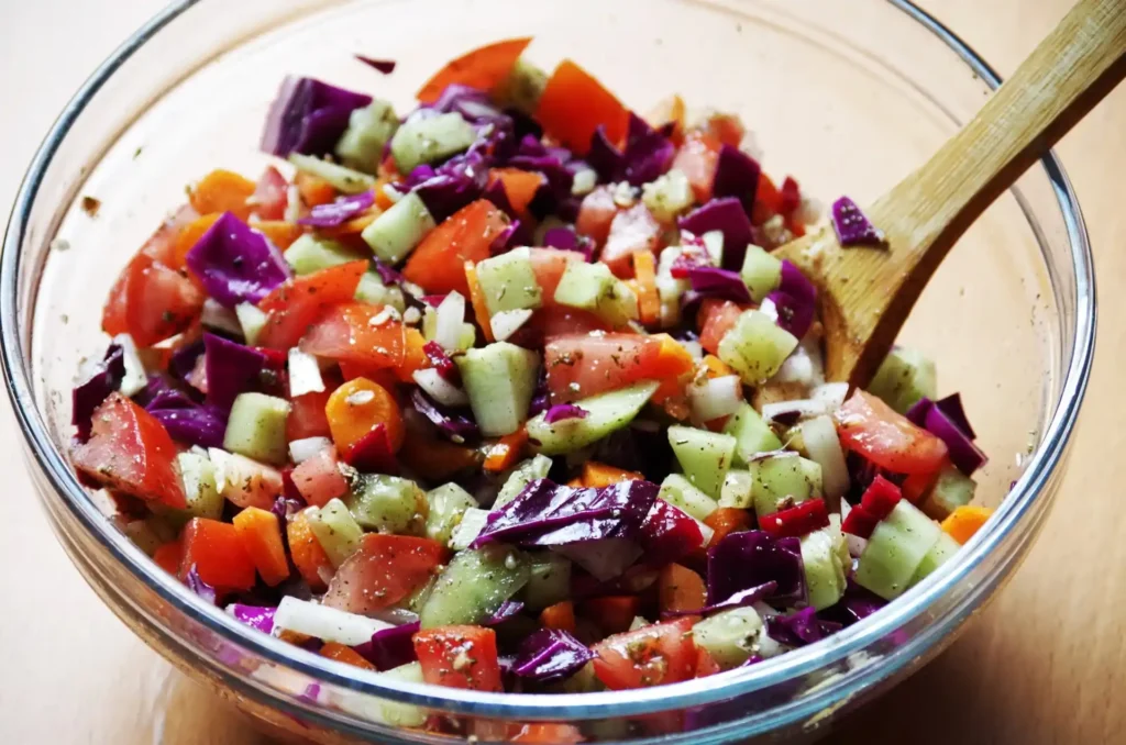 A bowl of Mediterranean Salad with a tangy vinaigrette dressing drizzled on top