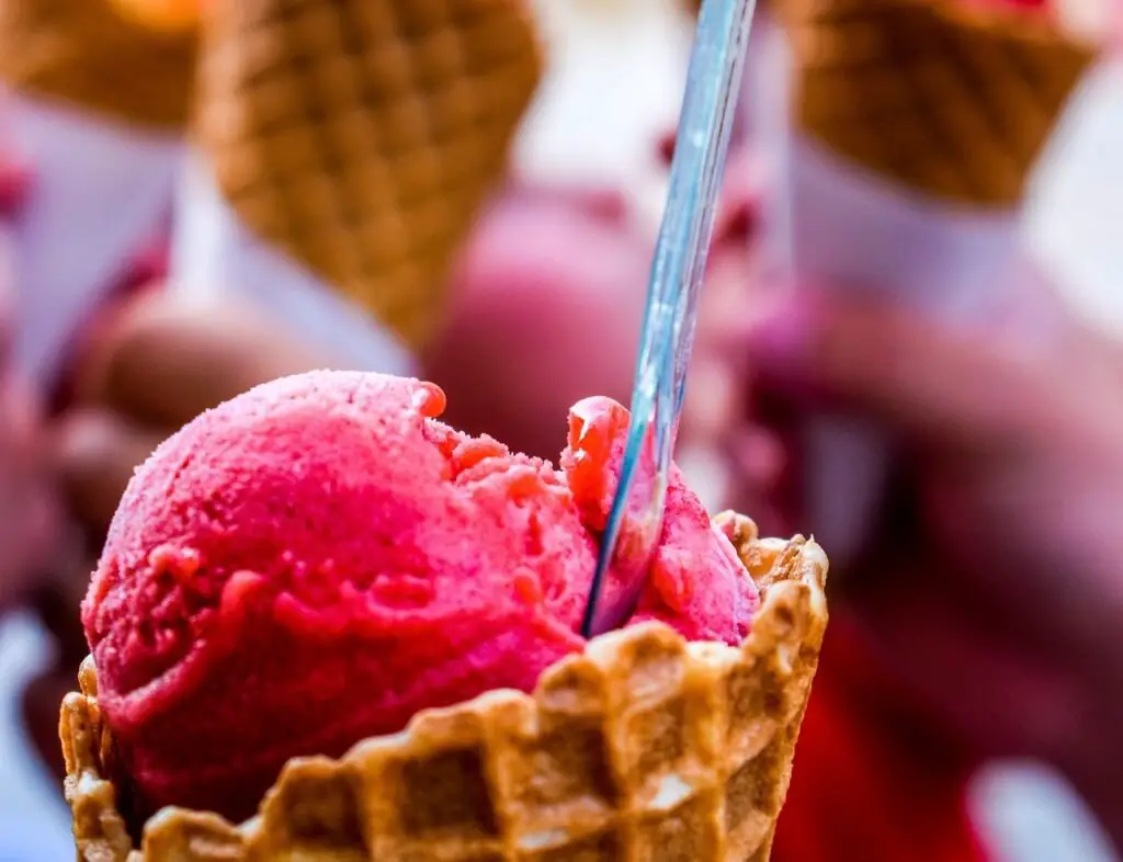 Homemade Raspberry Sorbet served in a bowl with fresh raspberries and mint garnish