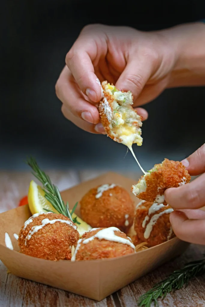 A person is dipping a piece of Crab Cakes into a container