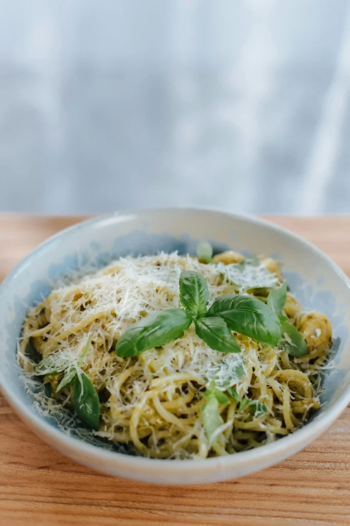 Bowl of Cacio e Pepe with Parmesan and Basil