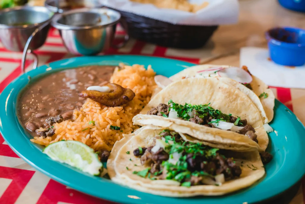 Close-Up Photo of Rice and Carne Asada Tacos