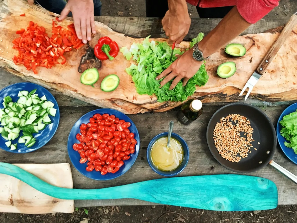 Close-up of colorful Farro Salad with cherry tomatoes, cucumber, bell pepper, and feta cheese