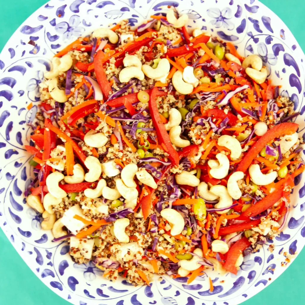 Close-up of sweet potato salad with Dijon mustard dressing