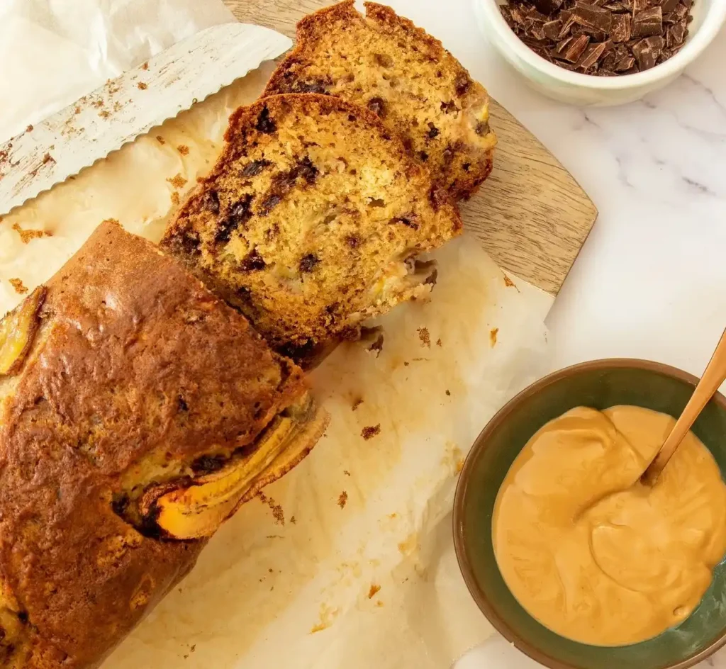 Easy homemade chocolate chip banana bread served on a plate