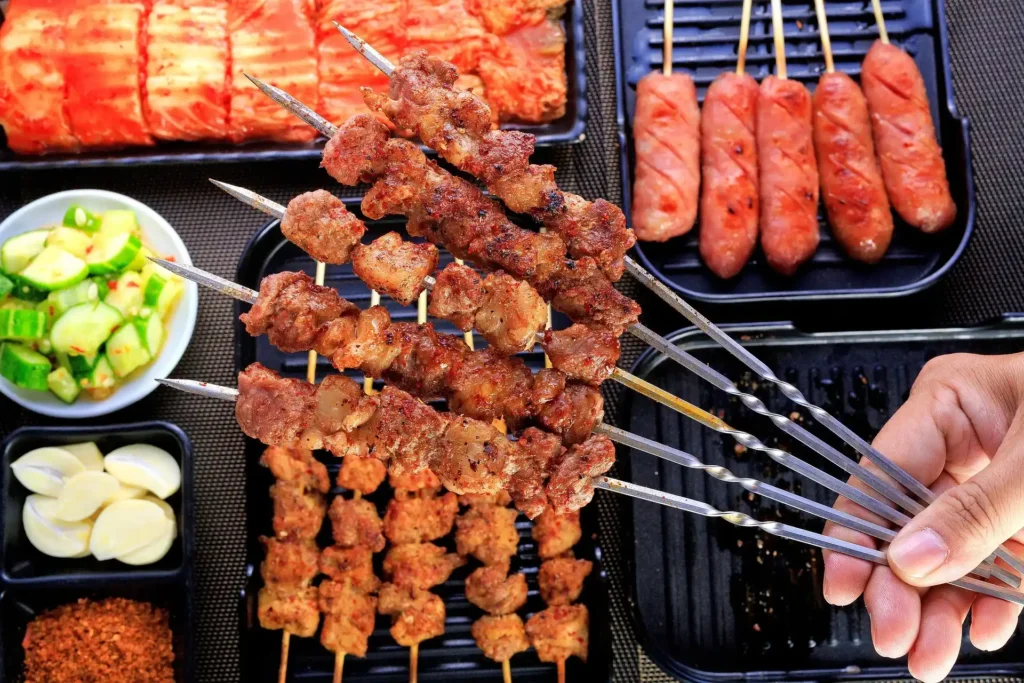 Grilled chicken and vegetable Spiedini skewers on a plate