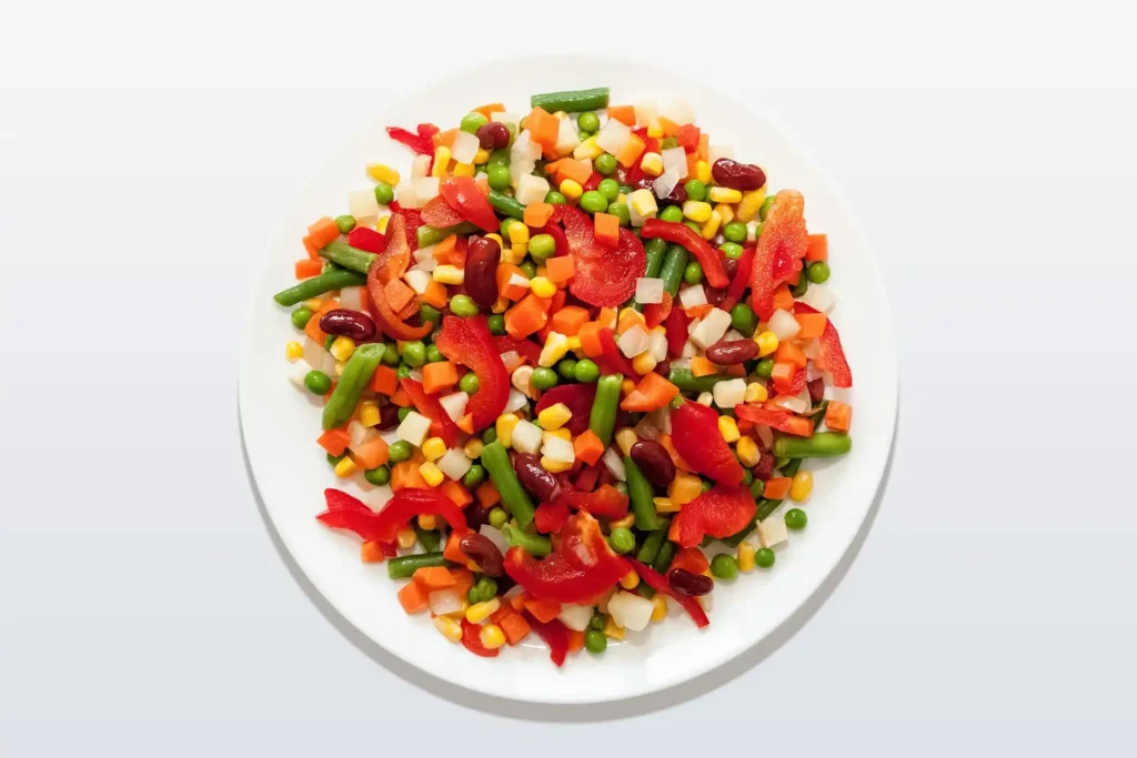 Healthy Bean Salad with fresh vegetables and beans in a bowl with a fork beside it