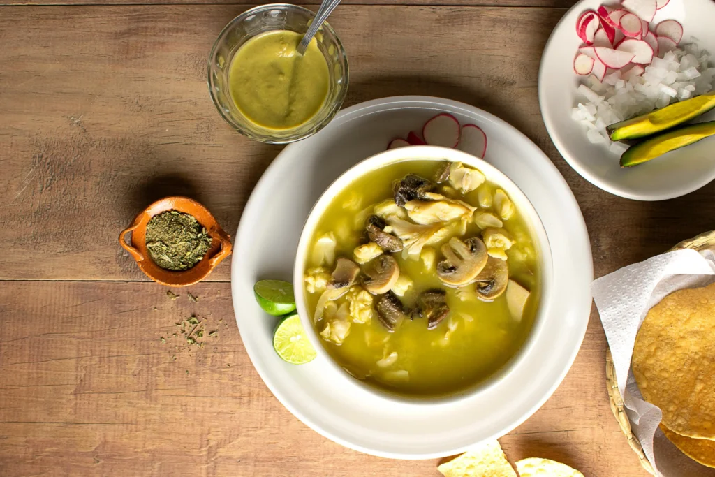 A Pozole Verde in a Ceramic Bowl