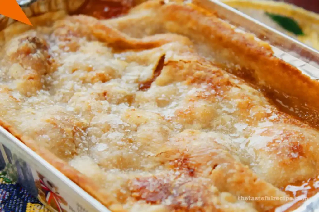 Golden-brown peach cobbler in a baking dish fresh out of the oven